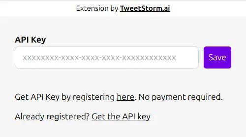 bulk delete tweets extension popup asking for API Key with a button to save the key