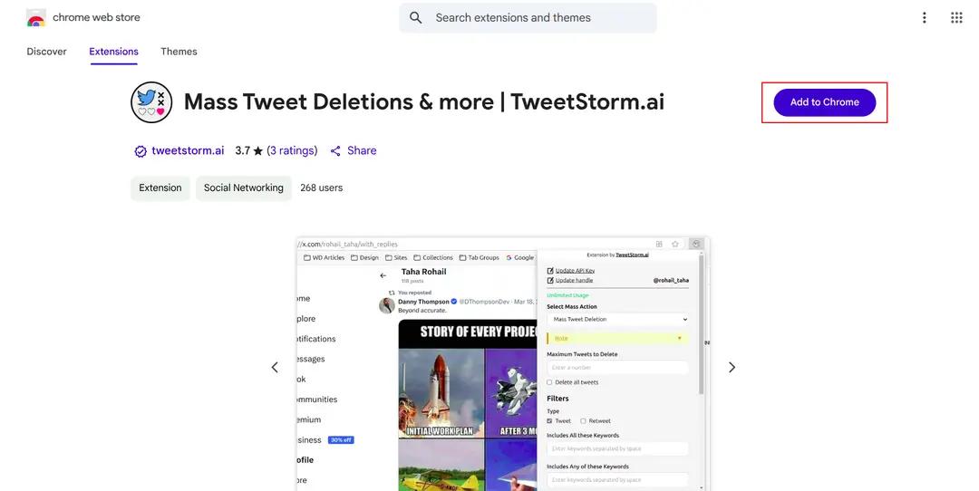The Chrome Web Store page for the mass delete tweets extension