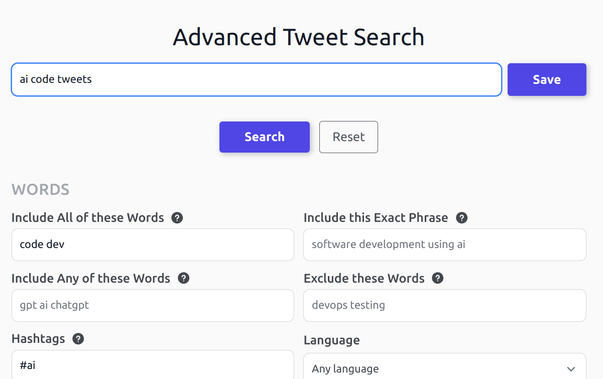 The advanced tweet search form with date, account and engagement filters