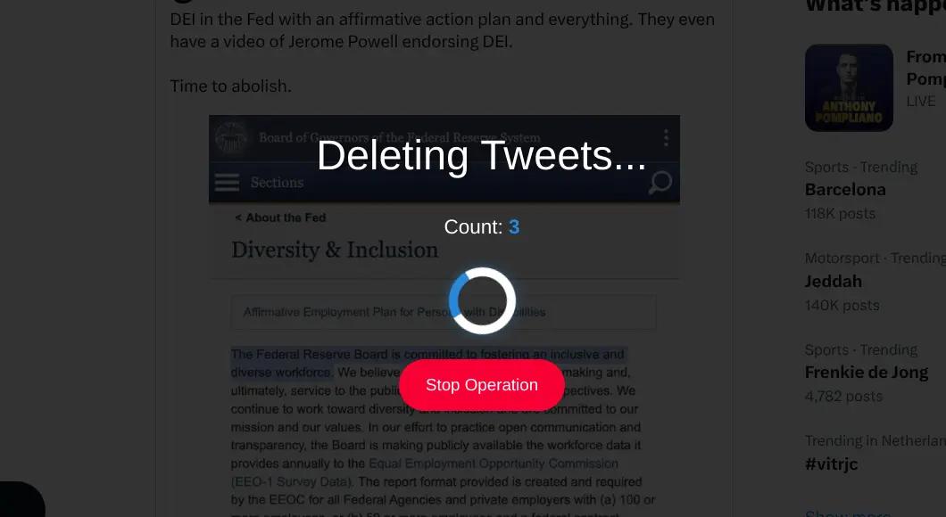 A popup showing the progress of bulk delete action. It displays the number of tweets deleted and a stop button to stop the operation