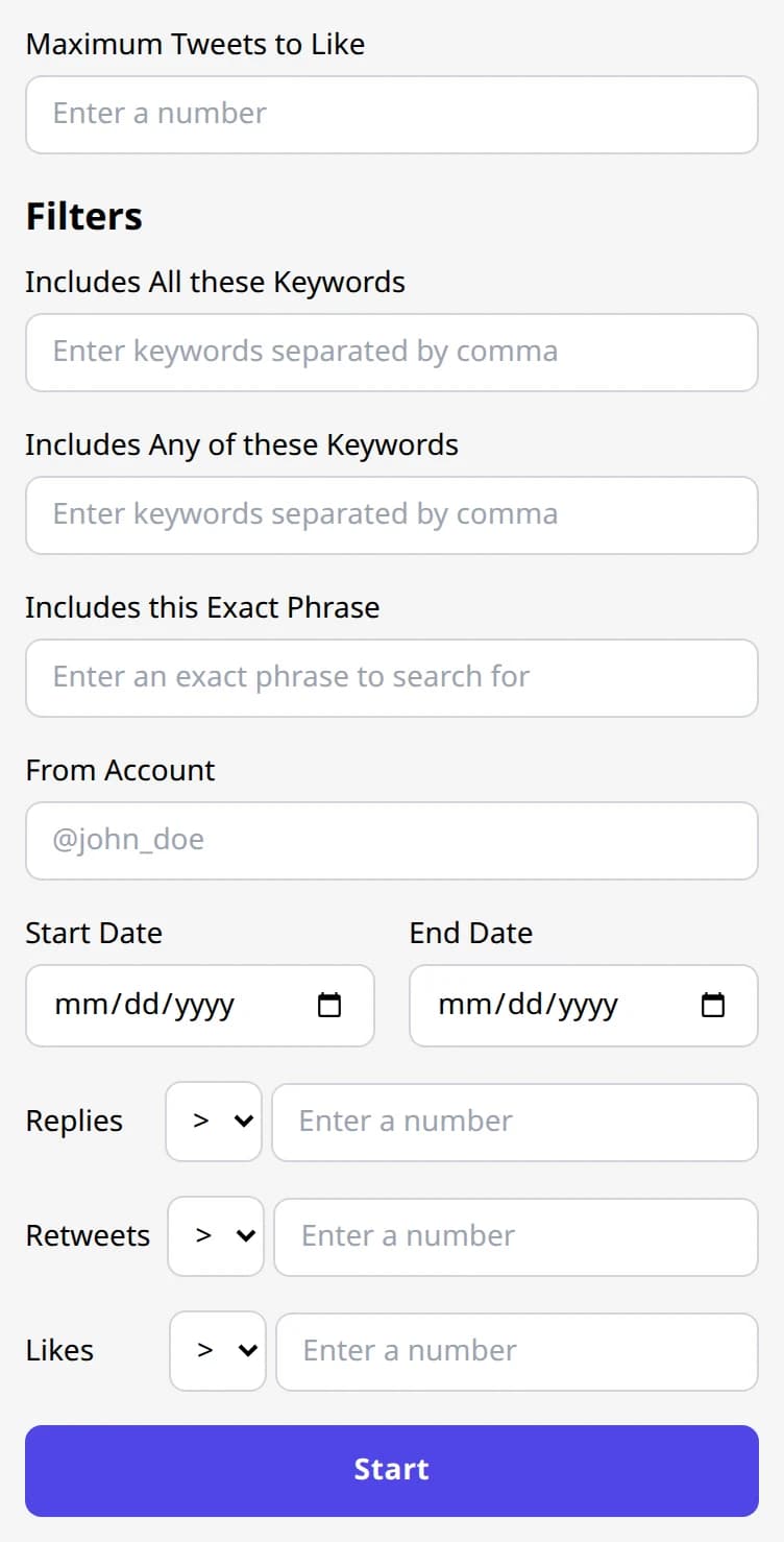 TweetStorm auto liker filter panel with cap, keyword, account, date, and engagement fields