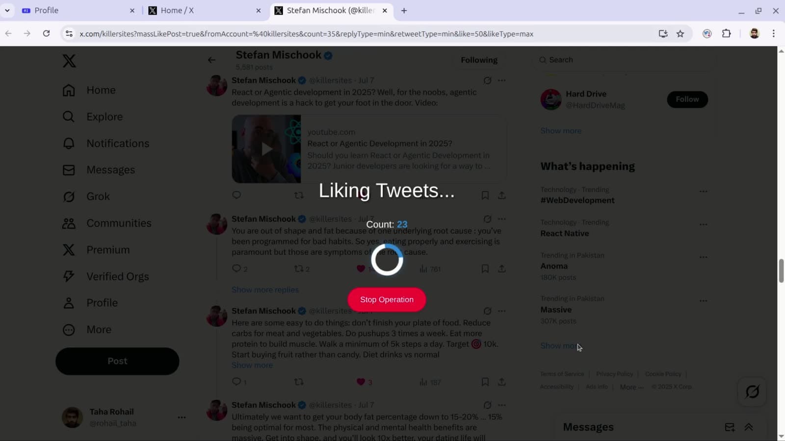 TweetStorm auto liker run in progress on X with the live like count and Stop Operation button