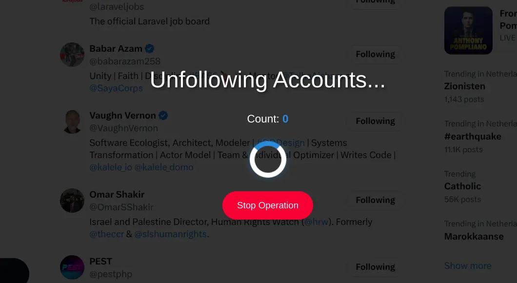TweetStorm unfollowing live with loading spinner, following count and red stop operation button.