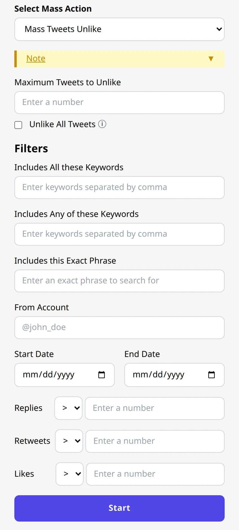 Unlike filter panel with keyword, account, date and engagement controls, on a free plan.