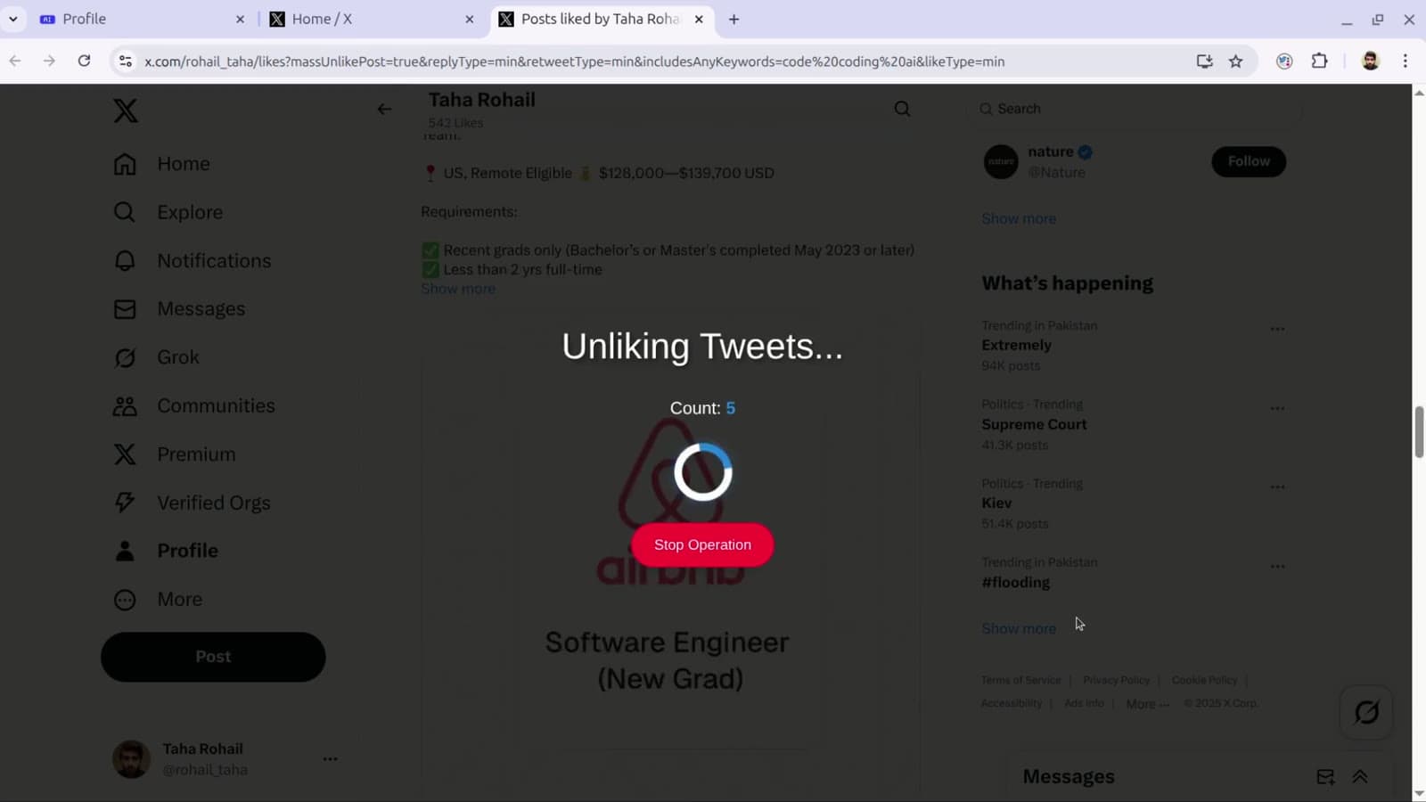 Mass unlike Twitter likes mid-run, working down a likes page with a live count and a stop button.