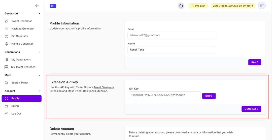 Highlighted profile page in sidebar