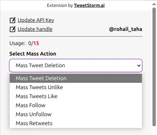 A drop down showing all the available mass actions in the mass deletion browser extension and mass tweet deletion is highlighted among the options