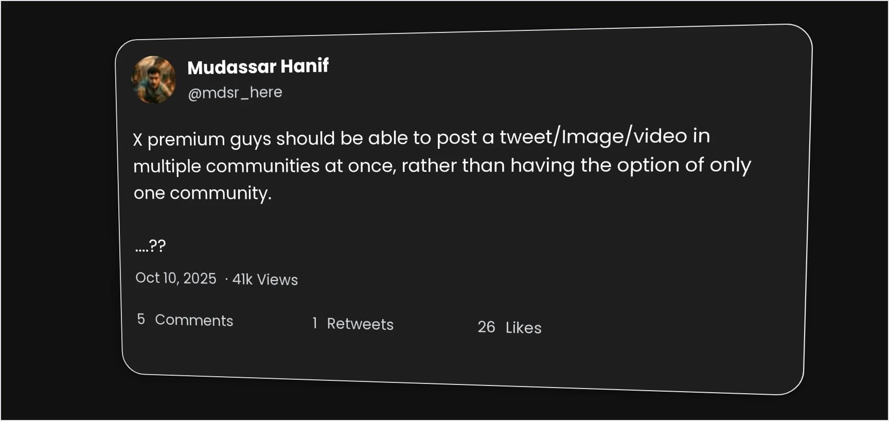 Dark theme tweet screenshot with a subtle 3d tilt effect.