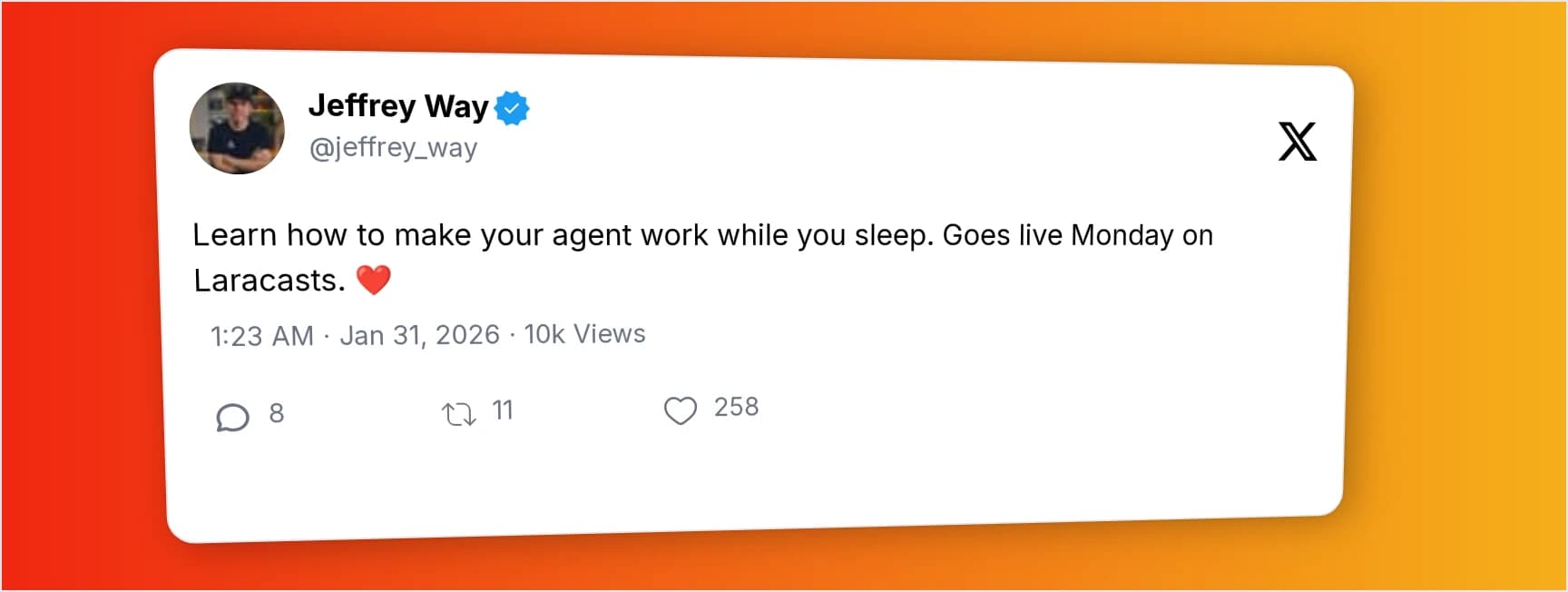X post screenshot with an orange and yellow gradient and 3d tilt effect.