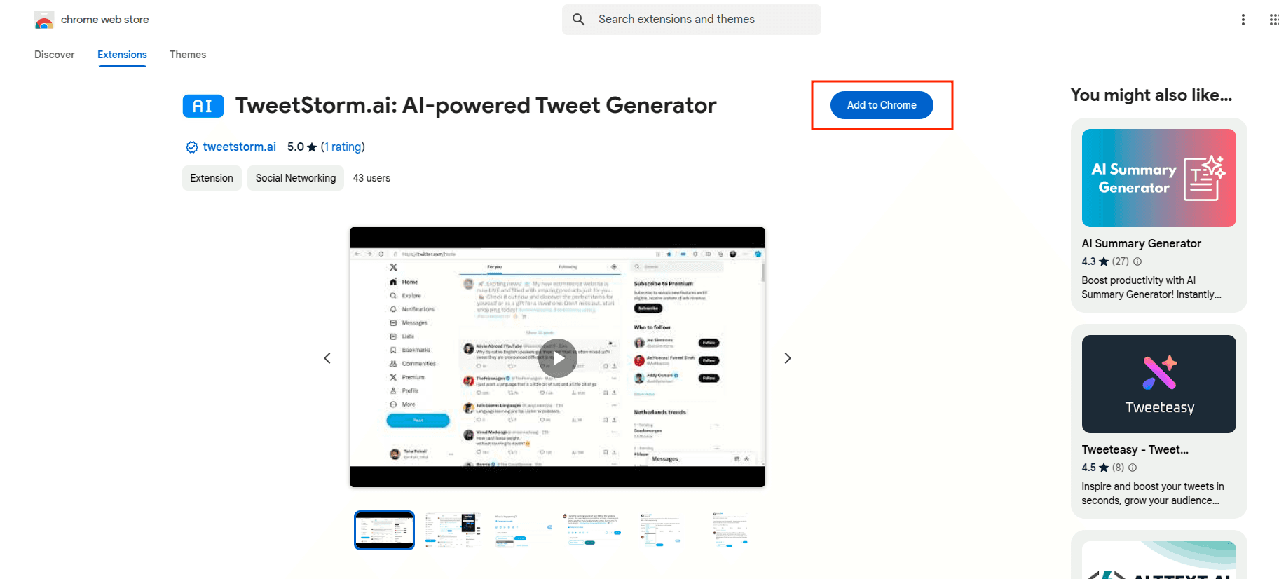 The TweetStorm AI tweet generator extension on the Chrome Web Store with the Add to Chrome button highlighted