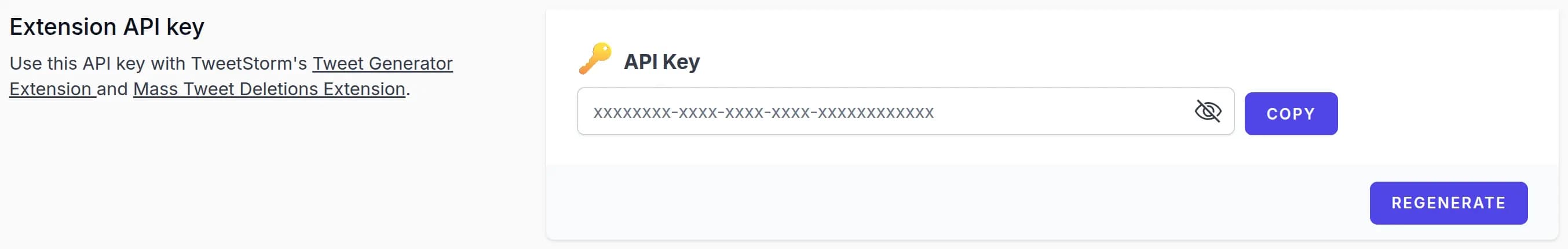 The Extension API key section on the TweetStorm profile page with a Copy button, key hidden