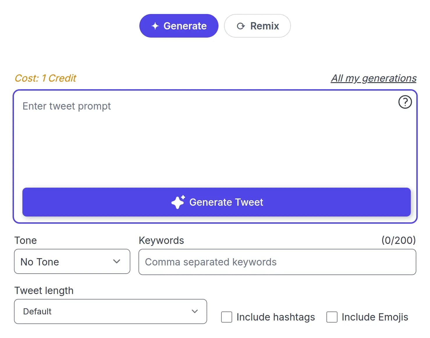 The AI tweet generator open in Generate mode with an empty topic box