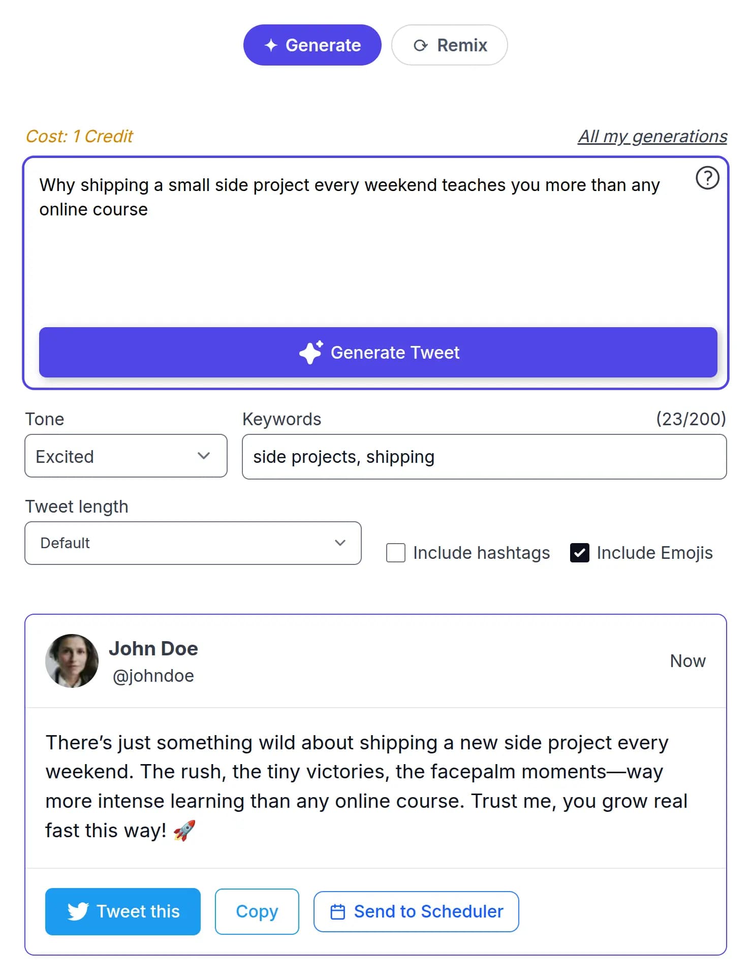 A generated post shown below the form with Copy and Send to scheduler buttons