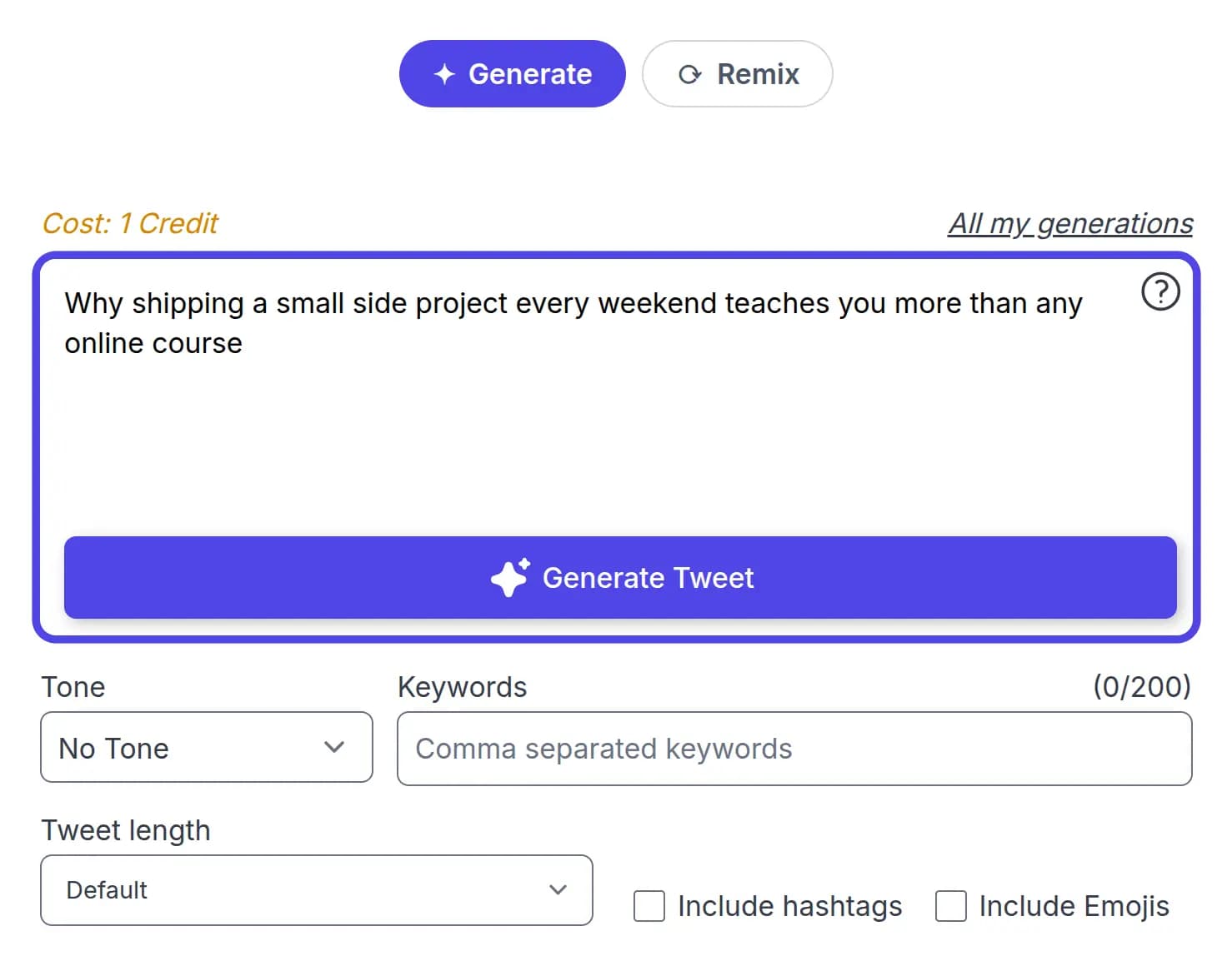 A specific post idea typed into the generator topic box