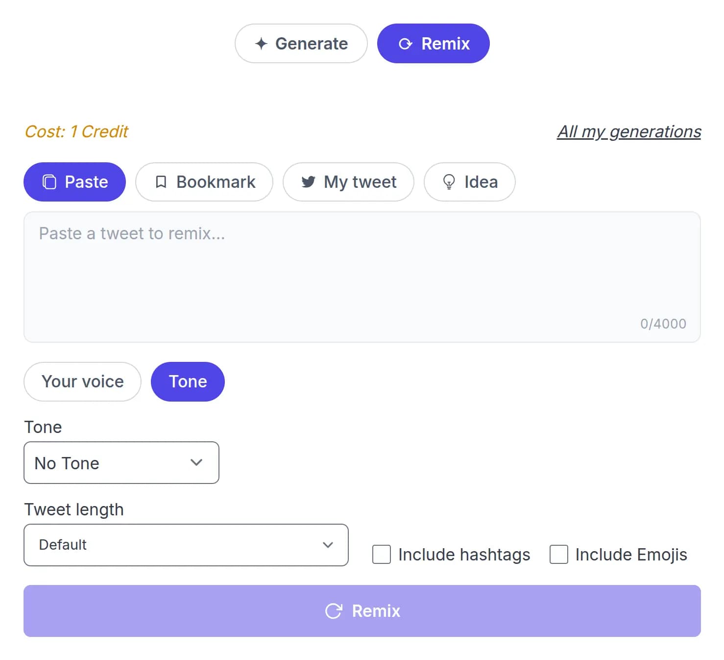 The generator switched to Remix mode showing the four source options
