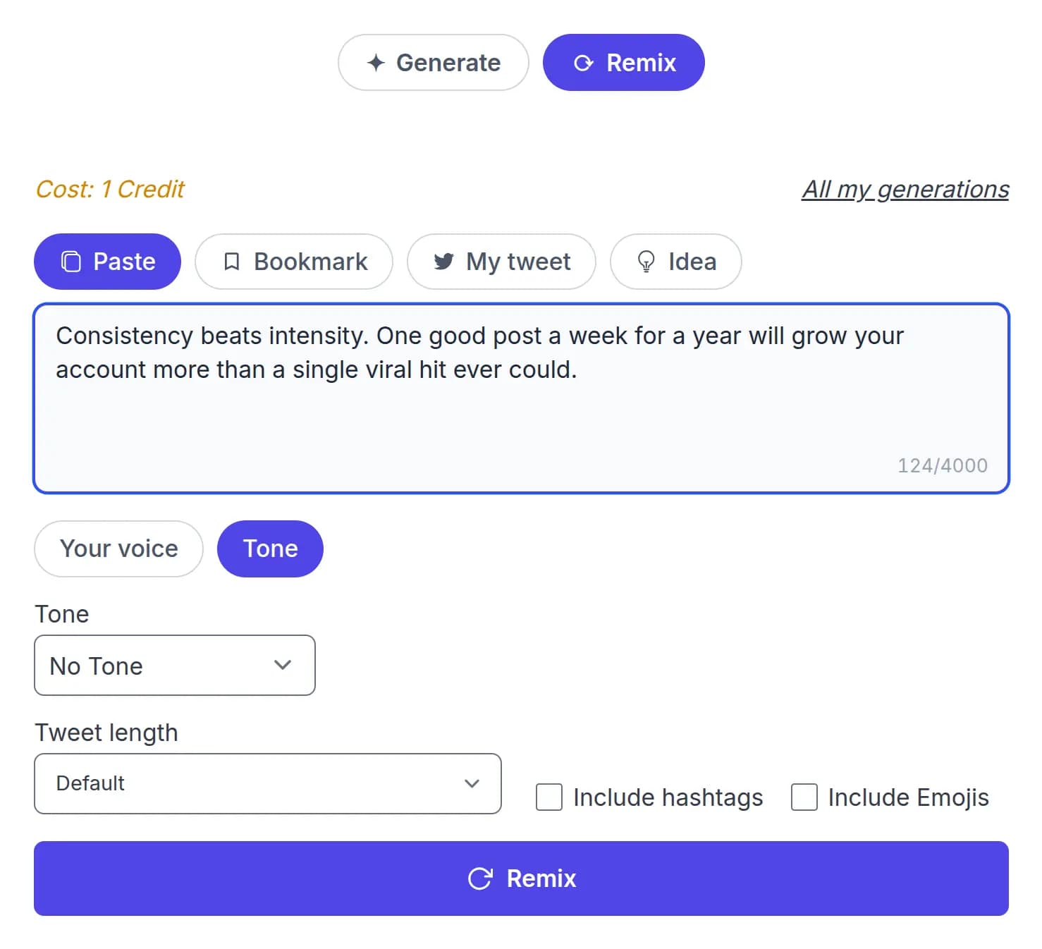 A post pasted into the Remix source box with Paste selected
