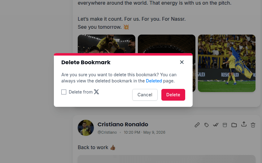 Deleting a synced bookmark in TweetStorm with the optional delete-from-X checkbox