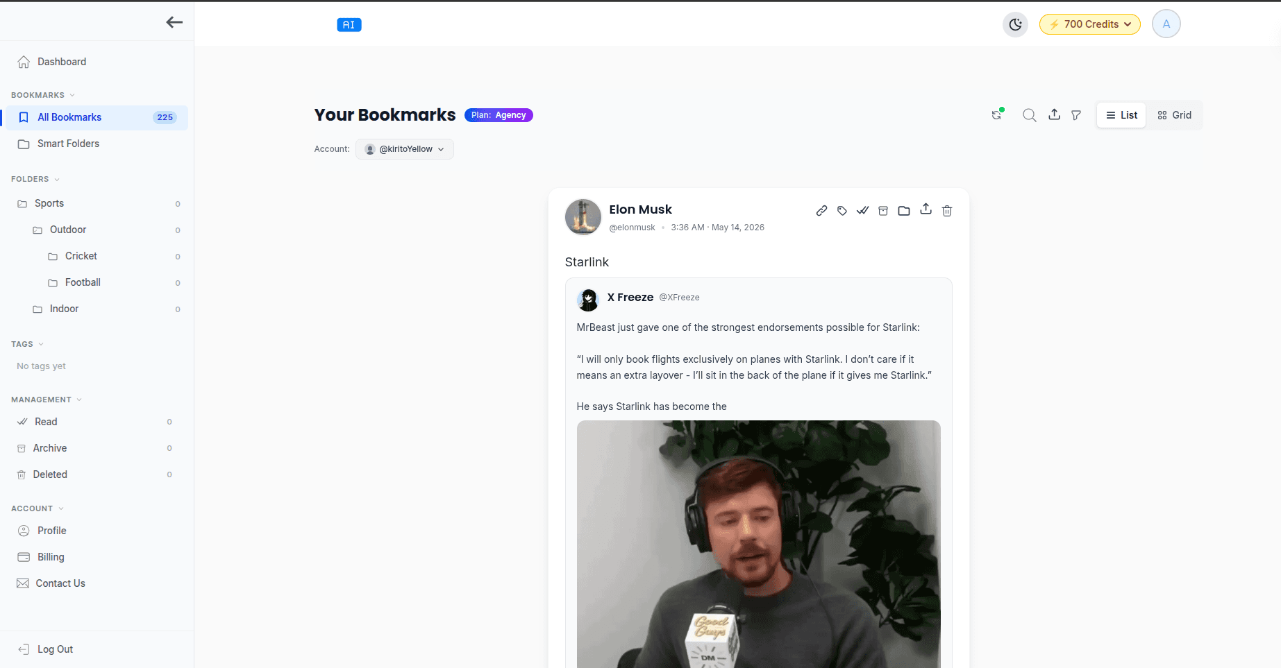 TweetStorm bookmark manager showing organised folders, tags and smart filters for Twitter/X bookmarks