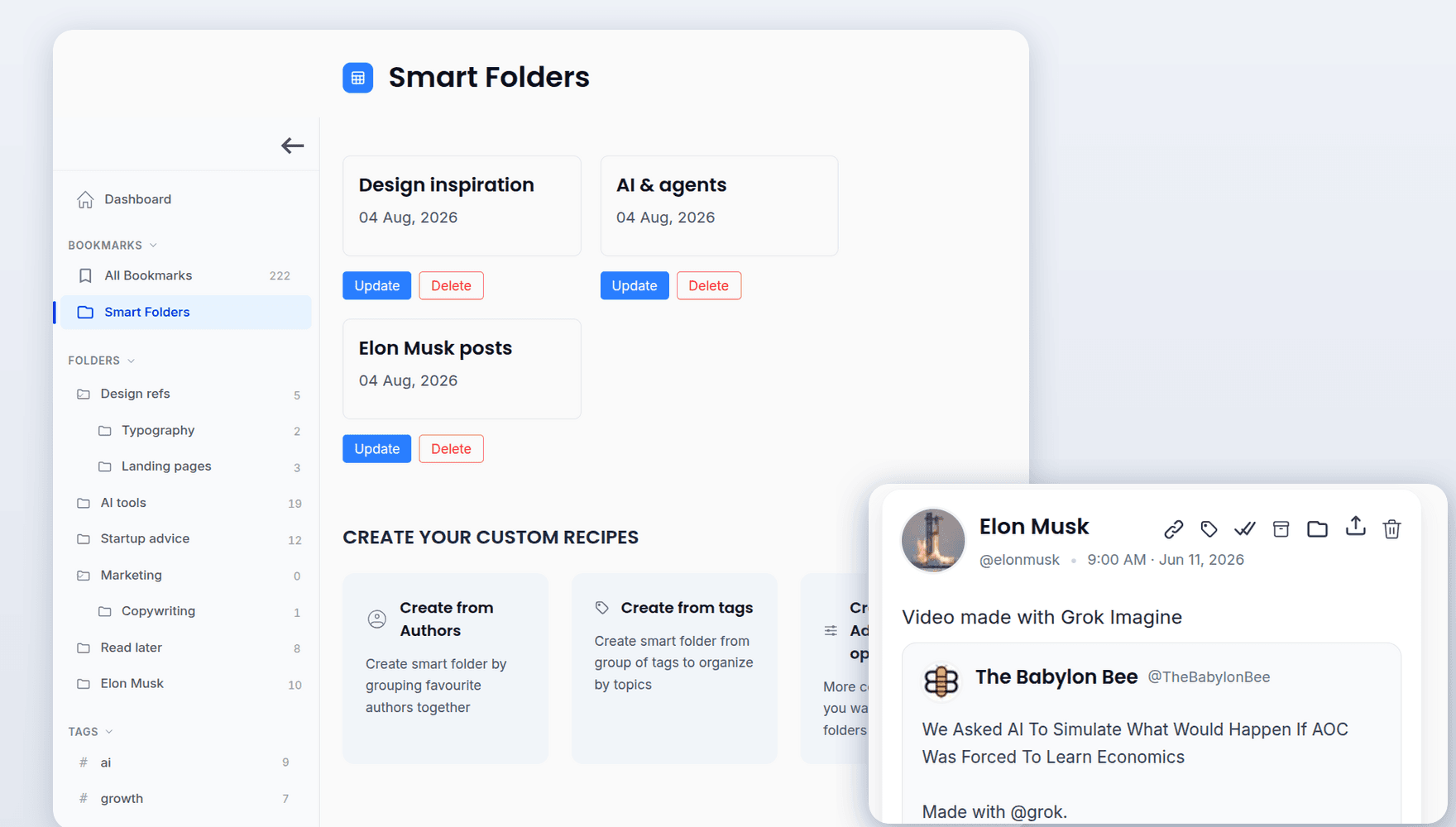 Smart Folders page with custom recipes beside a bookmark card showing tag and folder actions