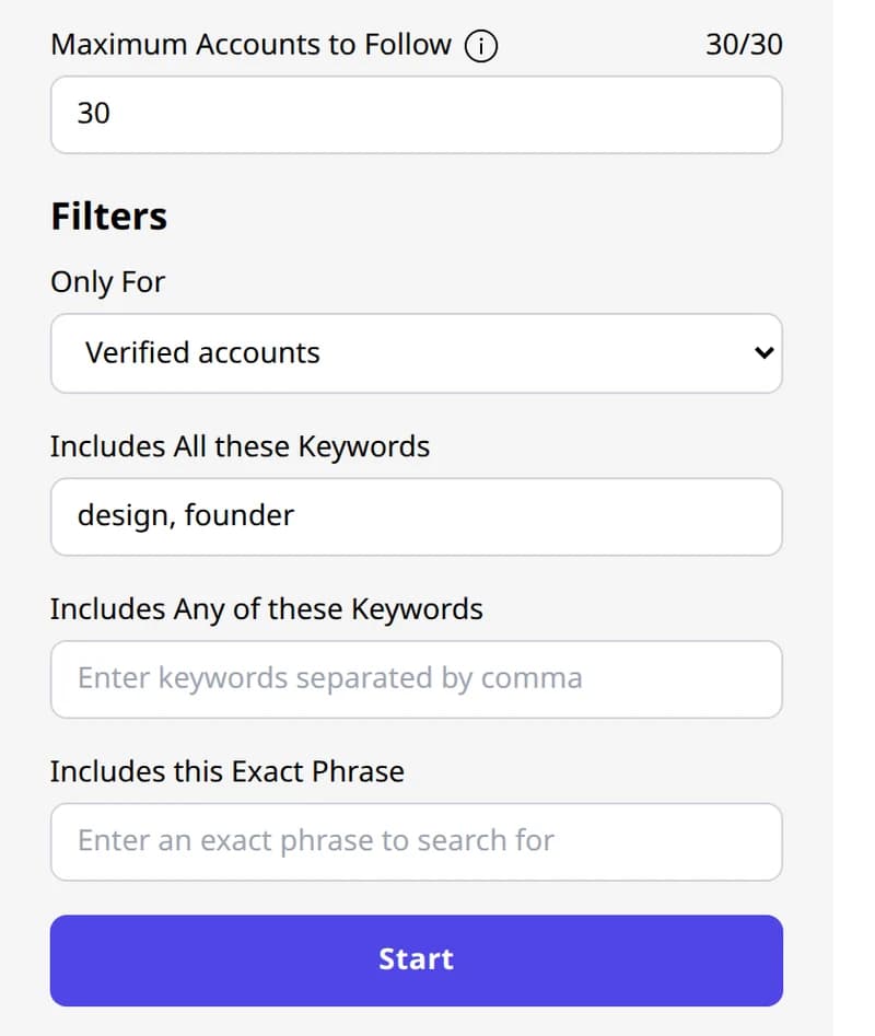Follow filter panel with Only For set to verified accounts and keywords entered in the extension popup.