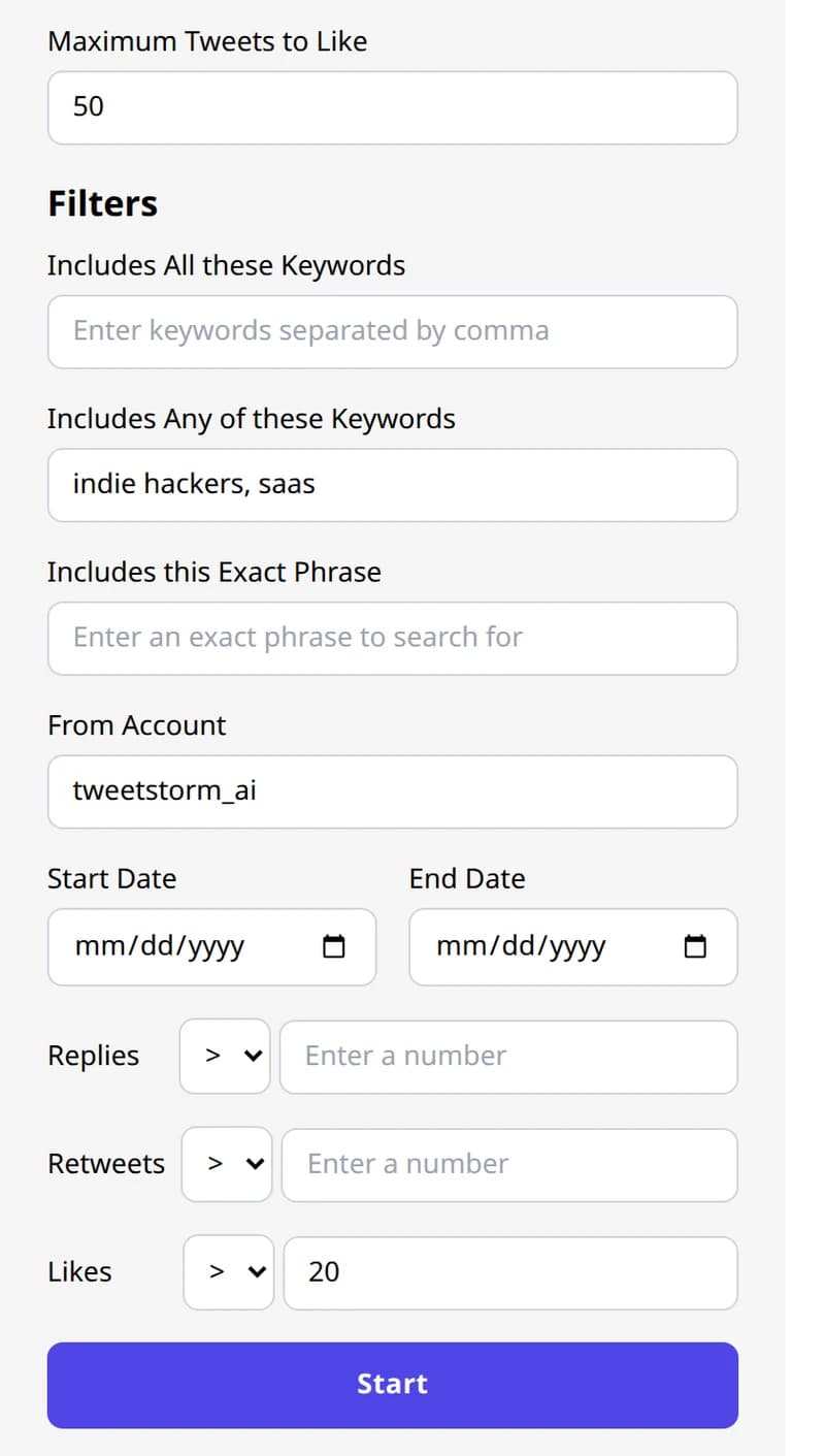 Like filter panel with cap, keyword, account, date, and engagement fields in the extension popup.