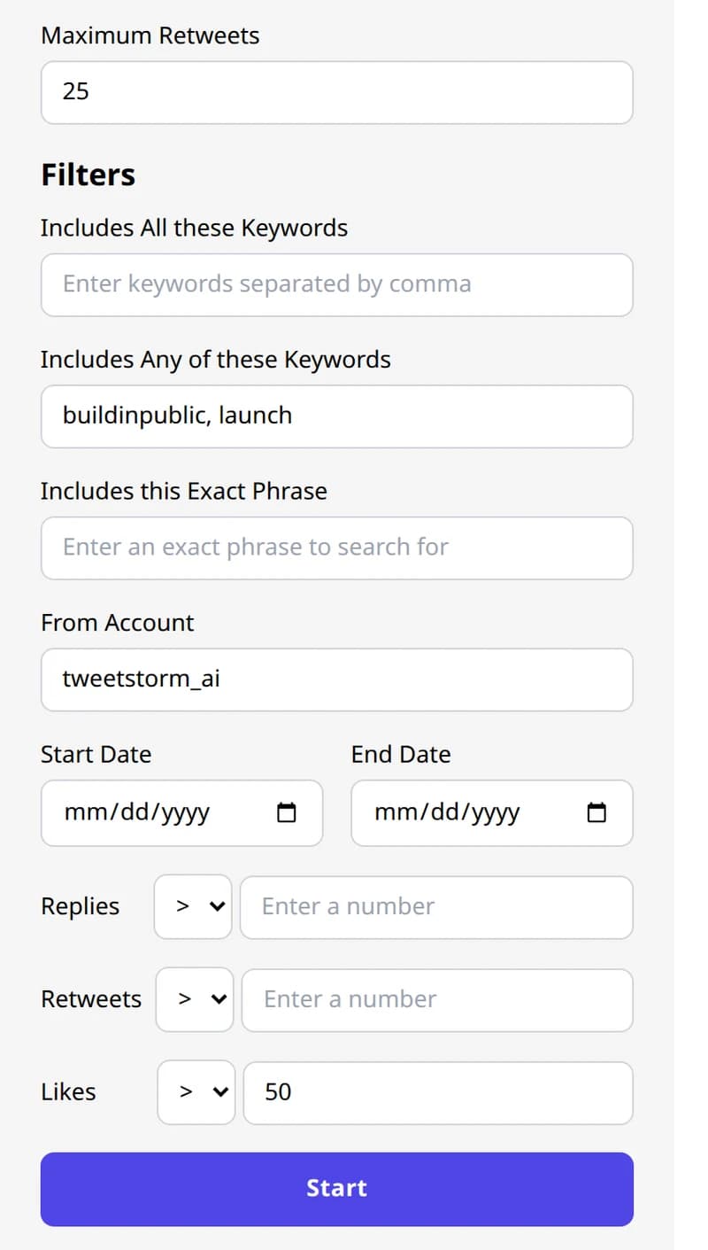 Retweet filter panel with cap, keyword, account, date, and engagement fields in the extension popup.
