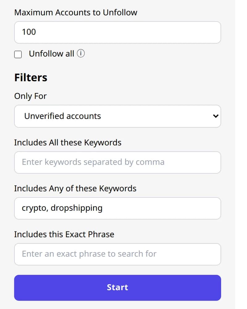 Unfollow filter panel with Only For set to unverified accounts and two keywords entered.