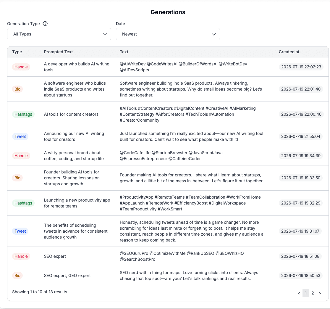 The generations history table showing past posts, replies and remixes with their prompts