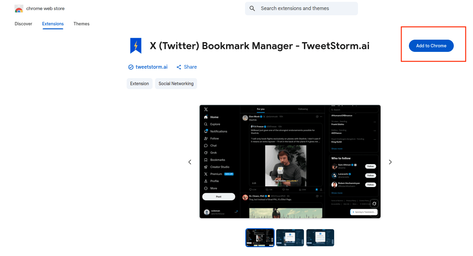 TweetStorm Chrome extension page showing the "Add to Chrome" button to begin installation.