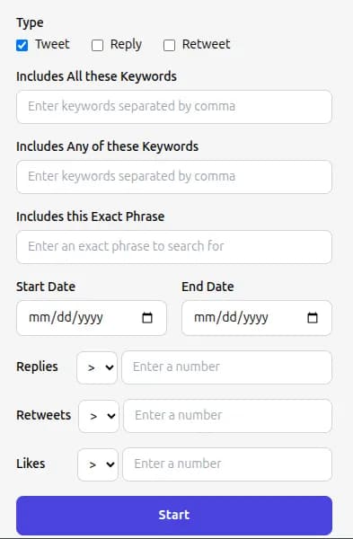TweetStorm mass deletion filter panel with type, keyword, date range, and more-than or fewer-than engagement filters