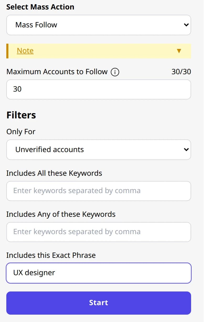 TweetStorm mass follow filter panel with a keyword entered and the exact-phrase match mode selected.