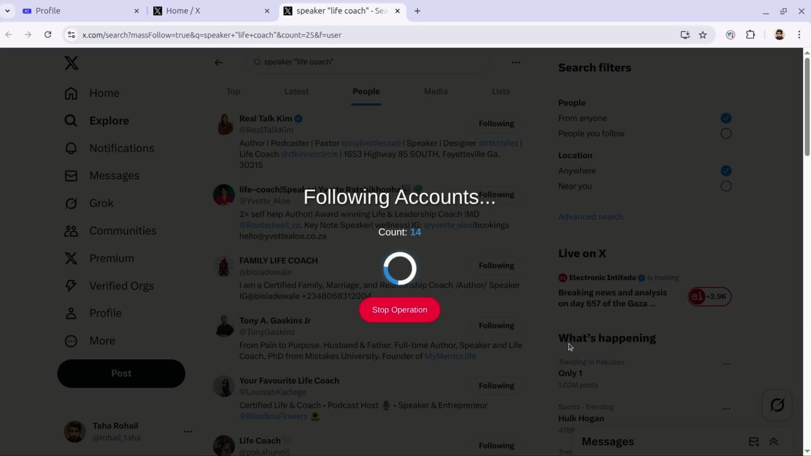 Mass follow running on X, working through search results with a live counter.