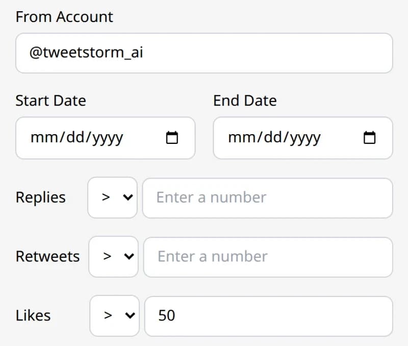 Mass retweets panel showing the From Account field, start and end date pickers and the reply, retweet and like thresholds.