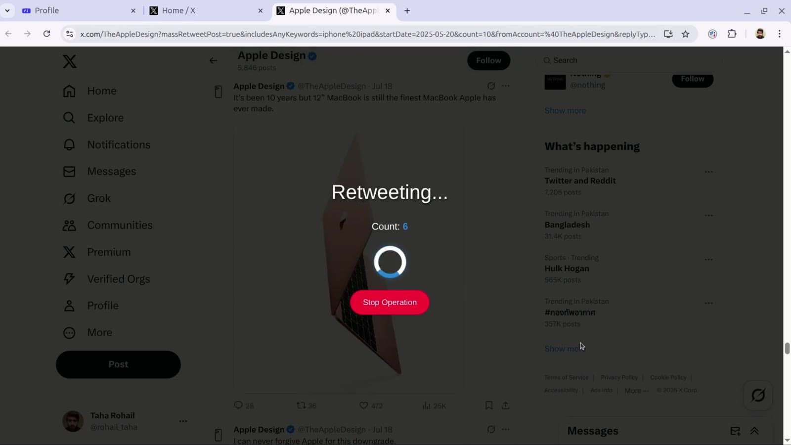 Mass retweet run working through matching posts on X with a live counter.