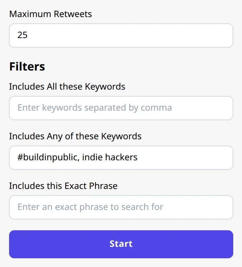 Mass retweets panel with the maximum retweets cap set to 25, a keyword filter filled in and the Start button.