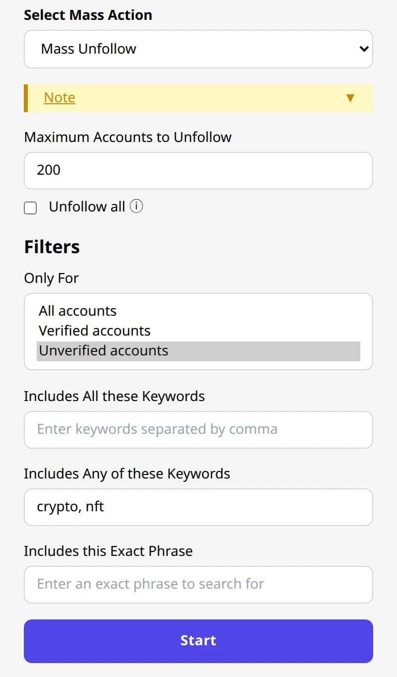 Unfollow filter panel with Only For set to unverified accounts and two keywords entered.