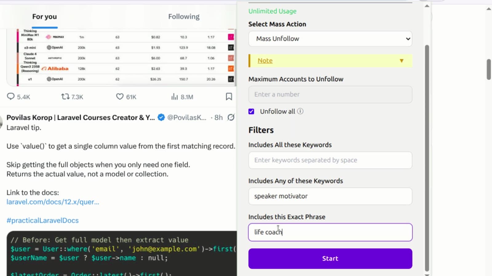Mass unfollow running on X, working down the Following page with a live counter.