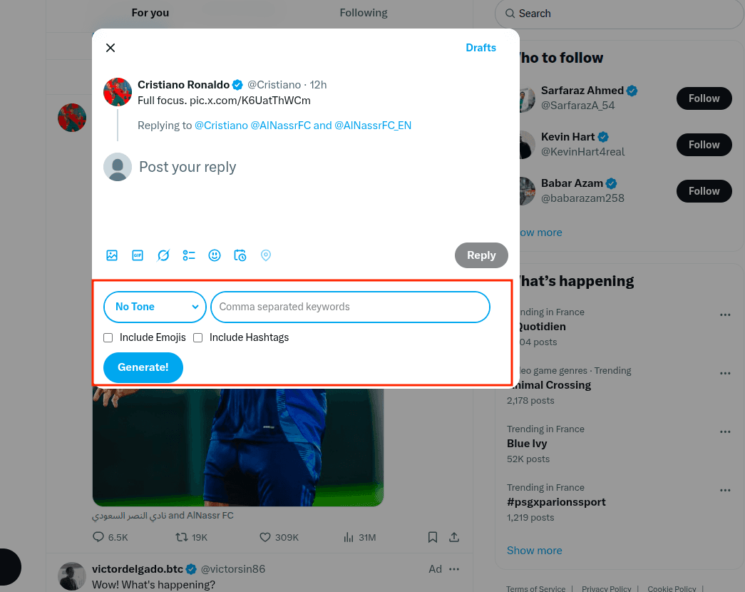 The reply generator injected into X's interface below a post, with a generated reply