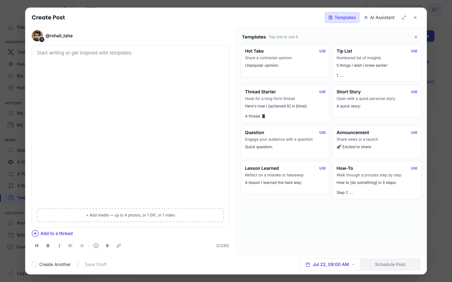 TweetStorm composer templates panel with all 8 starter templates