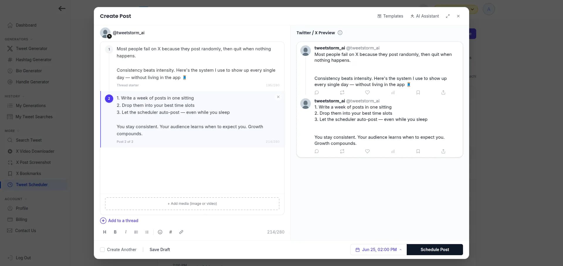 TweetStorm composer with a thread, attached media, and scheduling options