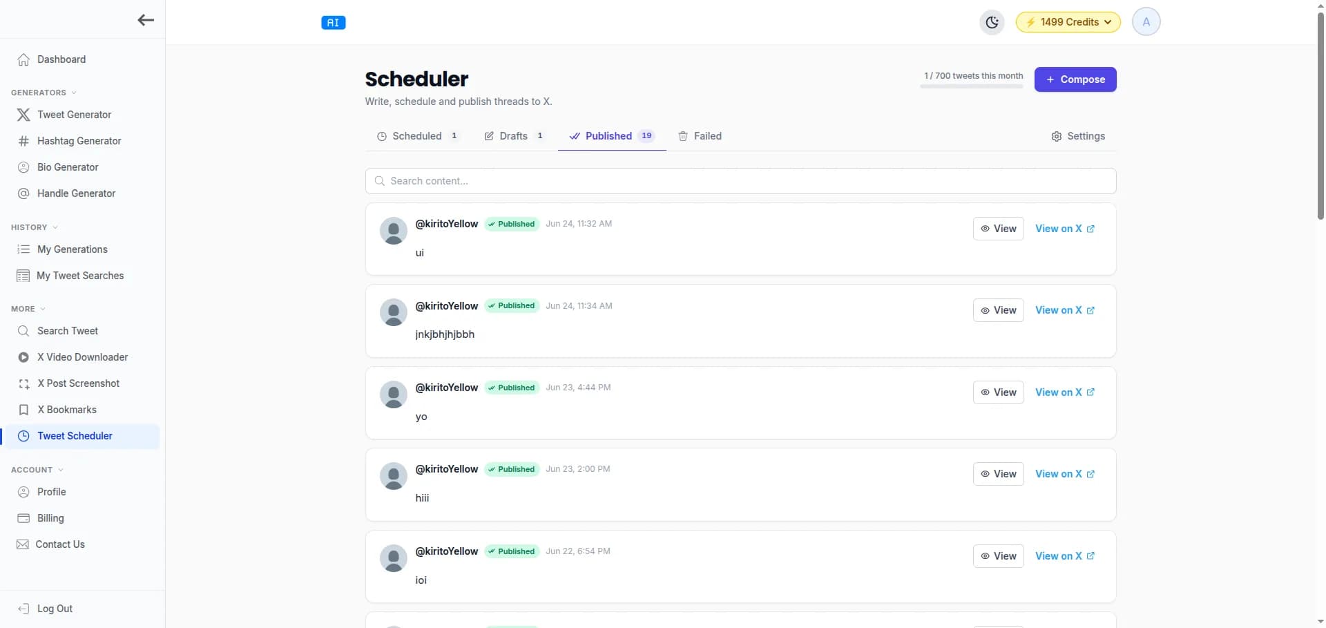 TweetStorm scheduler queue and published tweets with status for each post