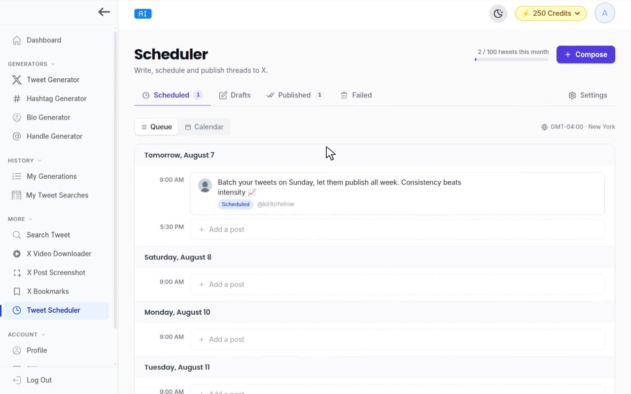 TweetStorm tweet scheduler queue with posting slots, scheduled tweets, and calendar toggle