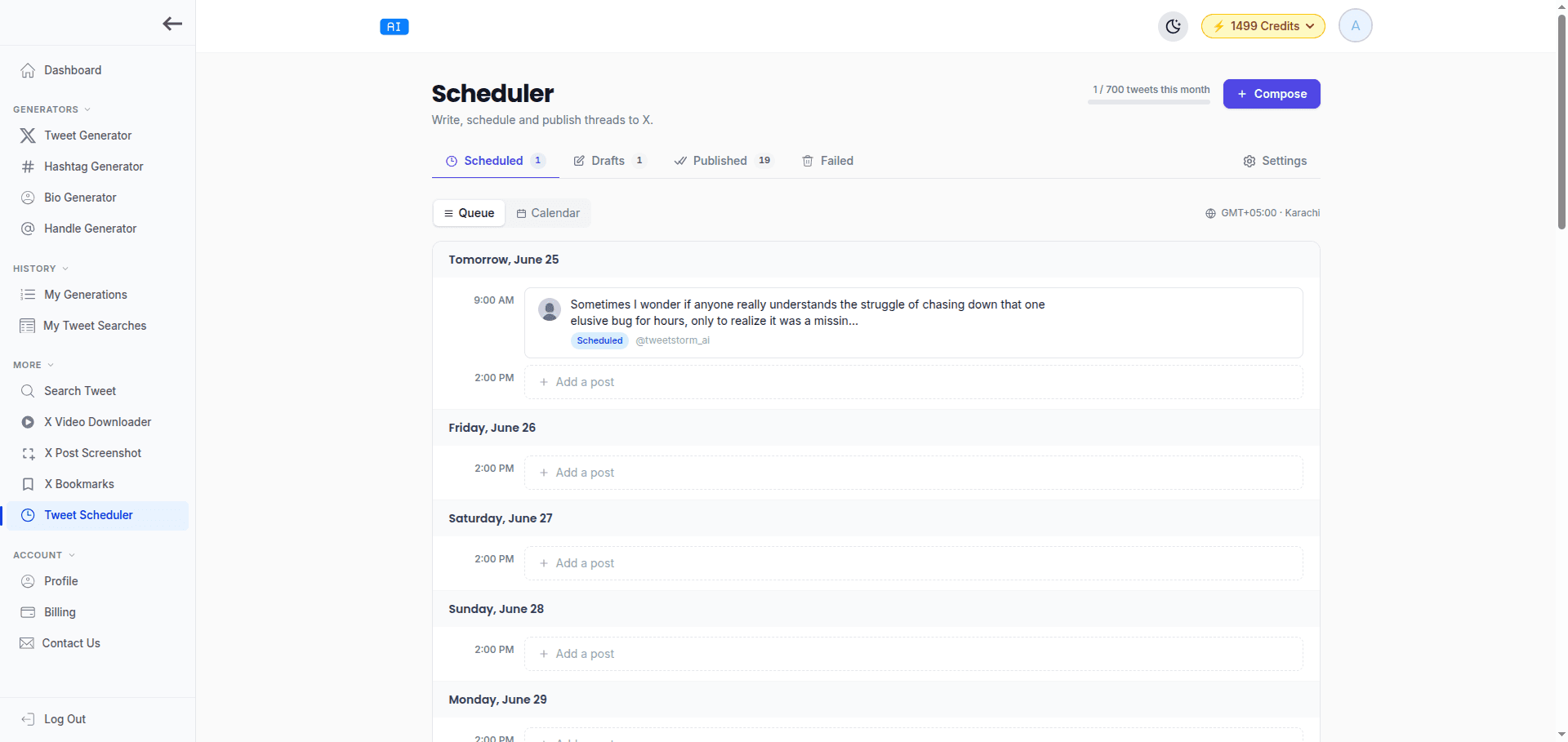 TweetStorm tweet scheduler showing the posting queue, calendar and scheduled tweets for X/Twitter.
