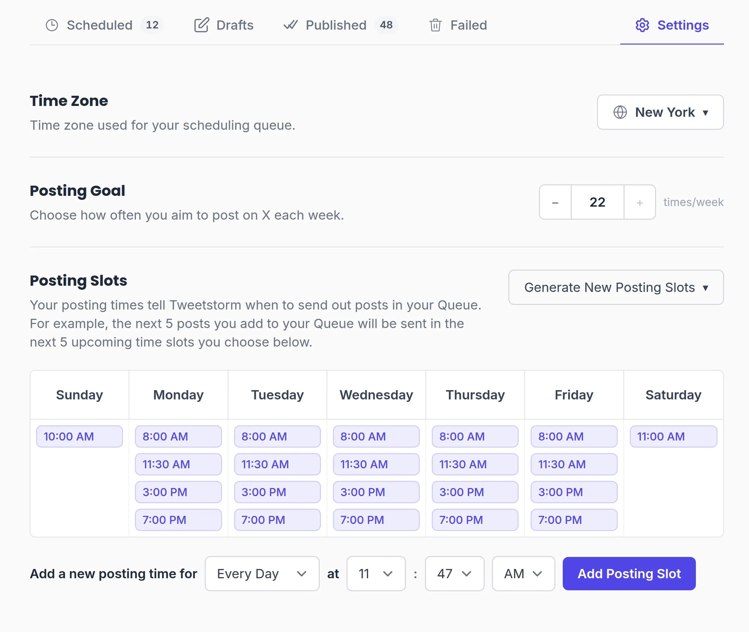 TweetStorm scheduler settings showing the time zone, the weekly posting goal, and the posting slots grid for each day of the week