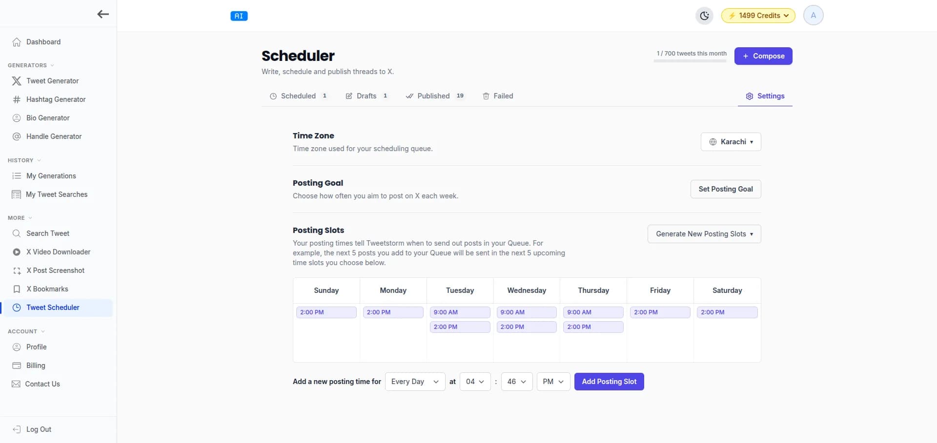 Scheduler settings with posting slots grid, time zone, and weekly posting goal