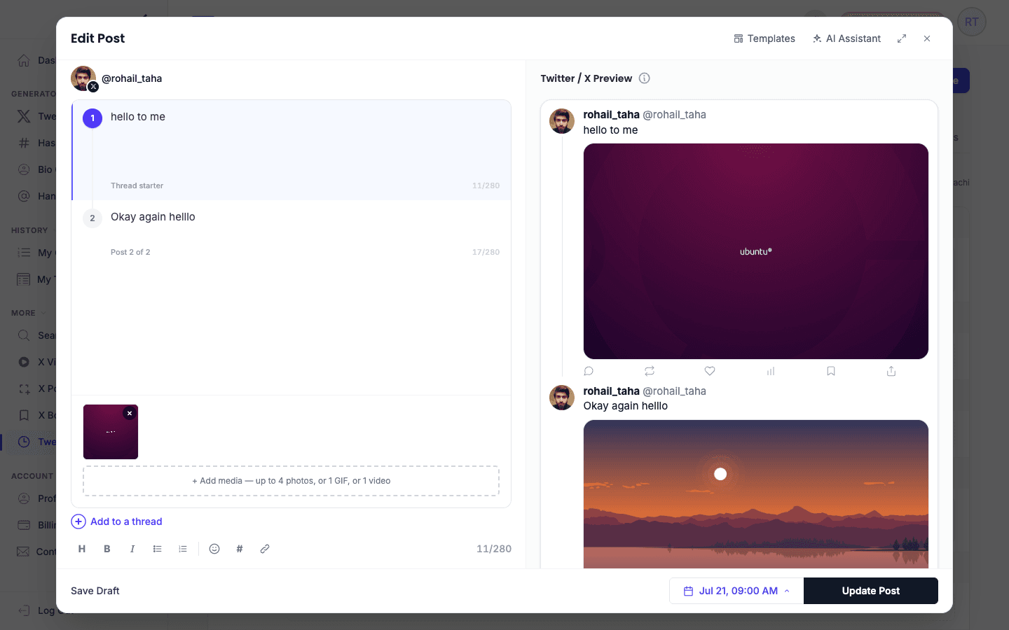 Scheduling a Twitter thread in TweetStorm with media on each tweet and a live preview