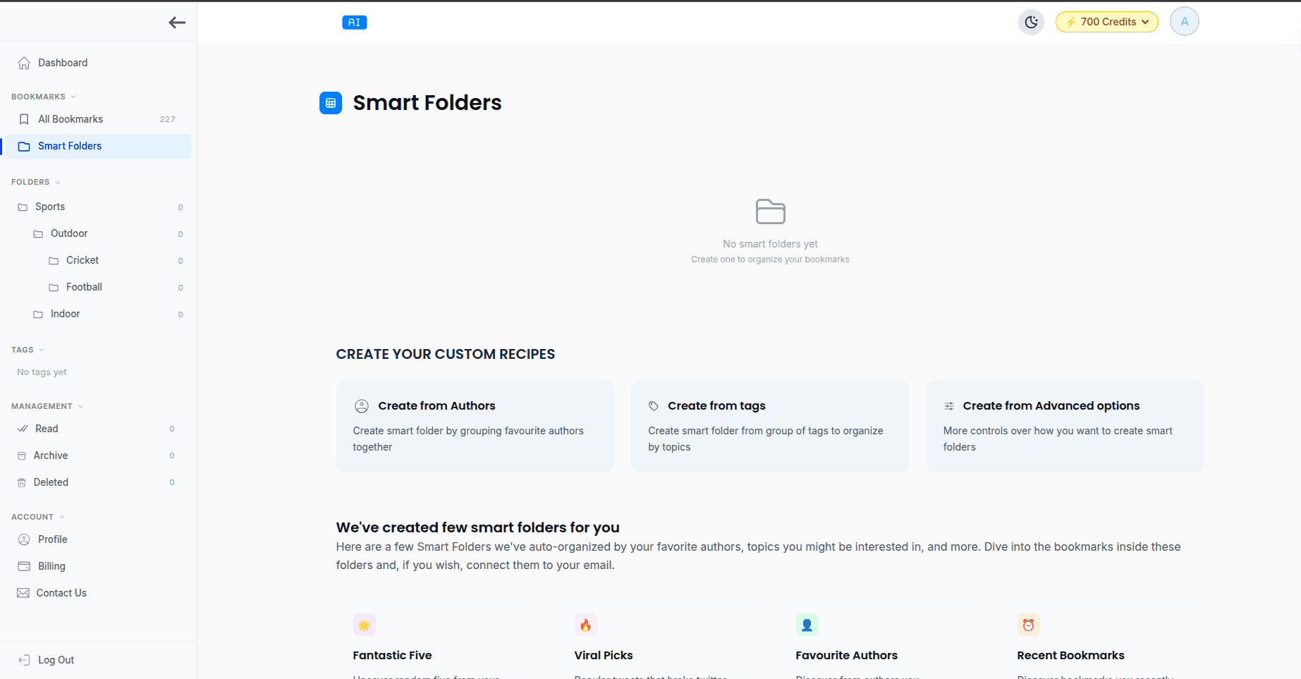 TweetStorm smart folder creation screen showing filter options for authors, tags and keywords.