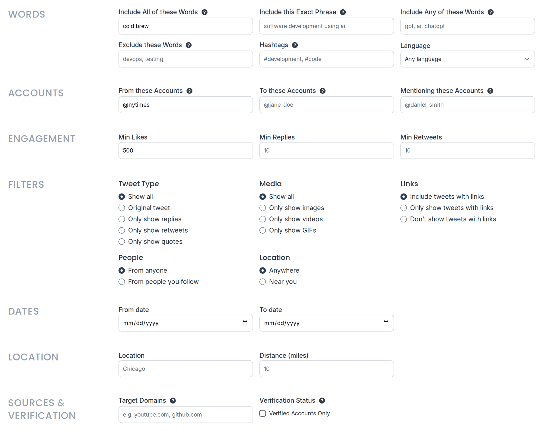All seven filter groups in the TweetStorm advanced search form, with word, account and engagement filters filled in