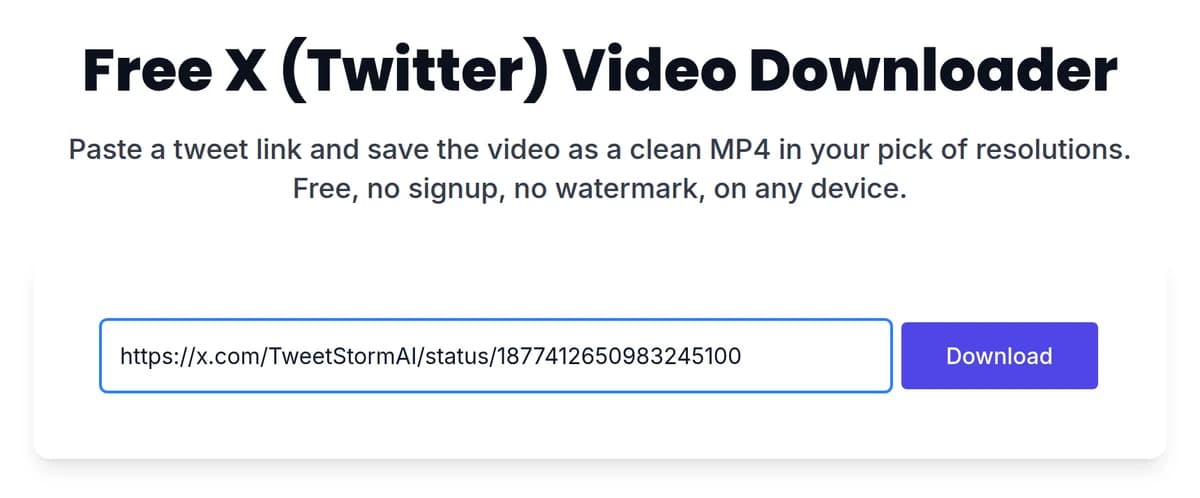 A post link pasted into the TweetStorm video downloader field next to the Download button