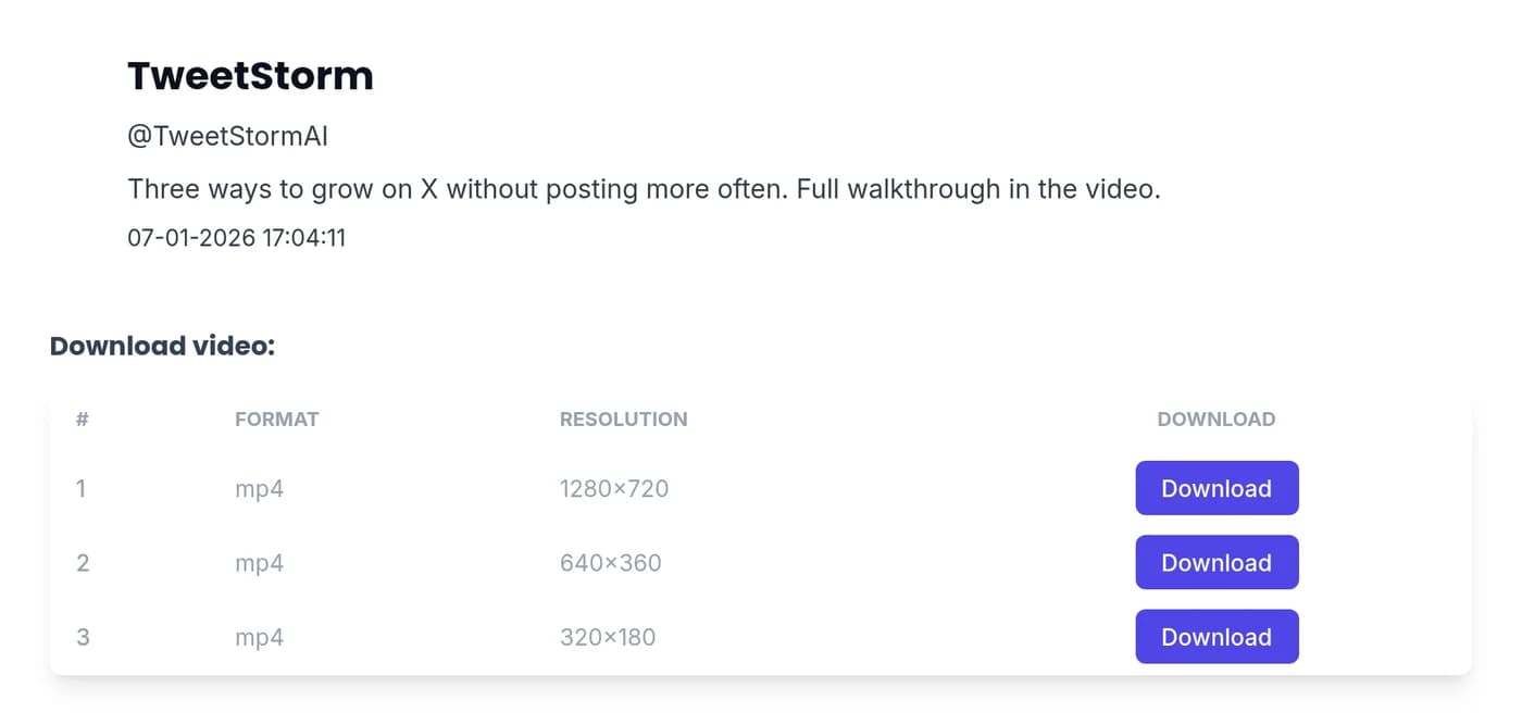Download results showing the post author, its text and MP4 rows at 1280x720, 640x360 and 320x180